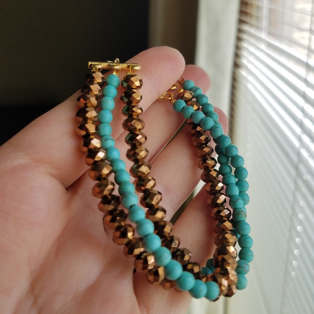Swarovski Elements Bronze Metallic Crystal & Turquoise Gold Bracelet - Handmade